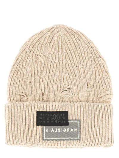 Mm6 Maison Margiela Knit Ribbed Hat Distressed Detailing In Neutral