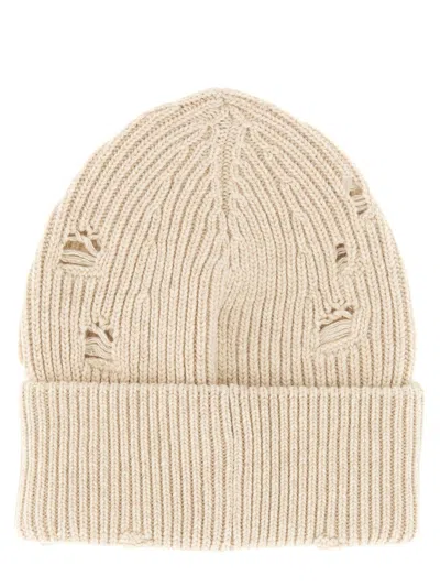 Mm6 Maison Margiela Knit Ribbed Hat Distressed Detailing In Neutral