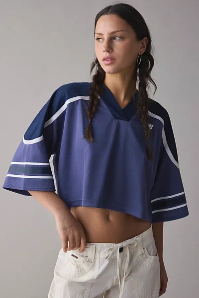 New Balance Oversize Crop Jersey Mesh V-neck T-shirt In Blue