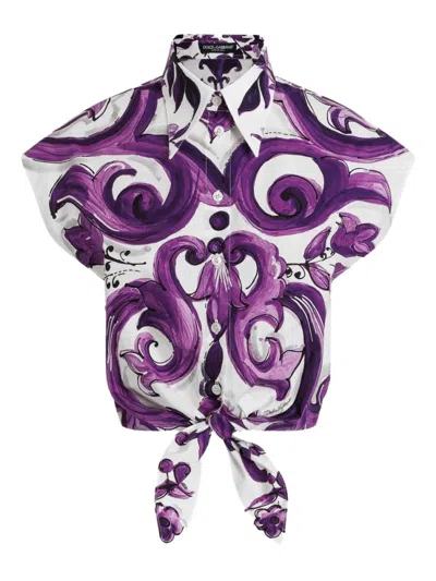 Dolce & Gabbana Cotton Shirt With Maiolica Print In Purple