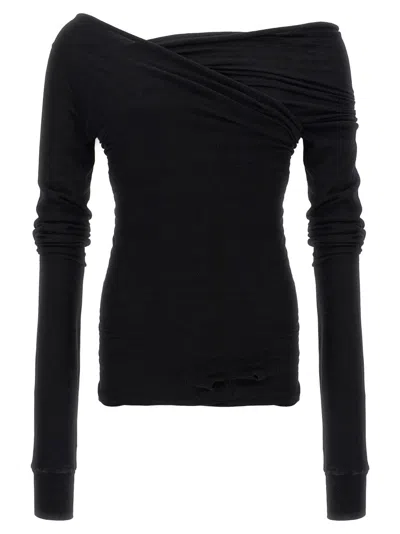 Rick Owens Hollywood Banana Off-shoulder Ruched T-shirt In Black