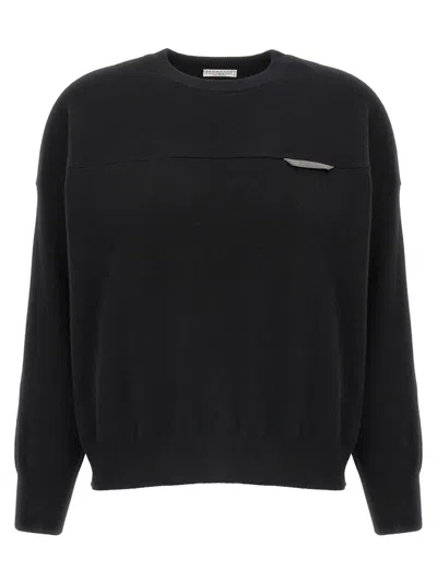 Brunello Cucinelli Cropped Sweater With Crew Neck And Decorative Detail In Black