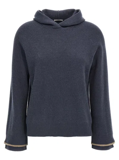 Brunello Cucinelli Ribbed Texture Hooded Sweater With Long Sleeves In Blue