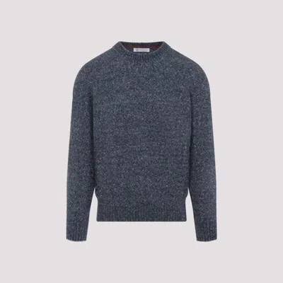 Brunello Cucinelli Blue Crewneck Sweater With A Melange Effect In Gray