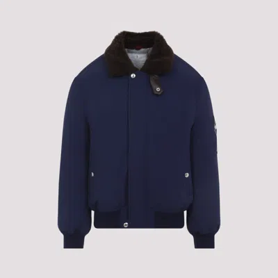 Brunello Cucinelli Tailored Feather Down Jacket With Sheepskin Collar In Blue