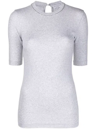 Brunello Cucinelli Ribbed Cotton T-shirt Keyhole Back In Gray
