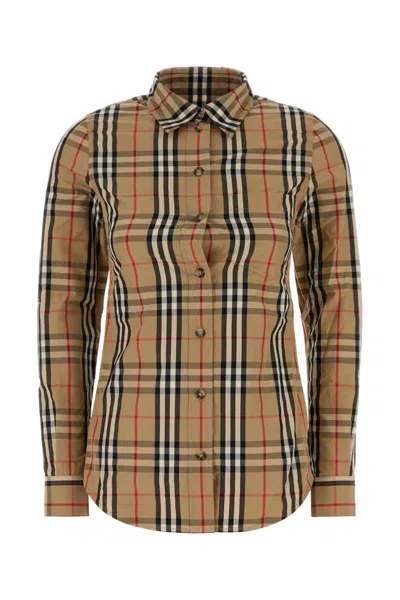 Burberry Cotton Shirt With Embroidered Check Pattern In Brown