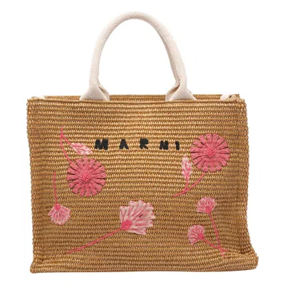 Marni Small Floral Embroidered Logo Raffia Tote