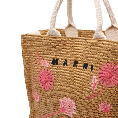 Marni Small Floral Embroidered Logo Raffia Tote