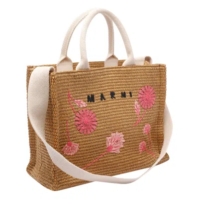 Marni Small Floral Embroidered Logo Raffia Tote