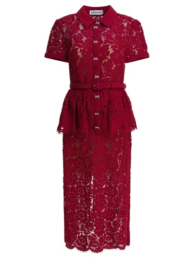 Self-portrait Bordeaux Lace Peplum Midi Dress In Burgundy