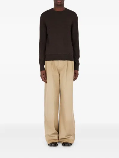 Maison Margiela Brown Crew Neck Sweater With Elbow Patches And Fitted Waist In Brown