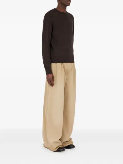 Maison Margiela Brown Crew Neck Sweater With Elbow Patches And Fitted Waist In Brown