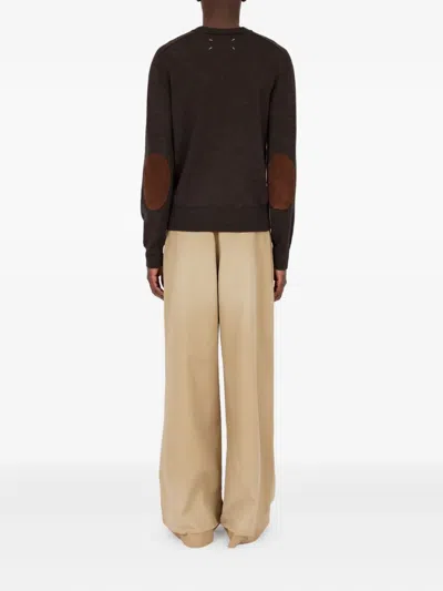 Maison Margiela Brown Crew Neck Sweater With Elbow Patches And Fitted Waist In Brown