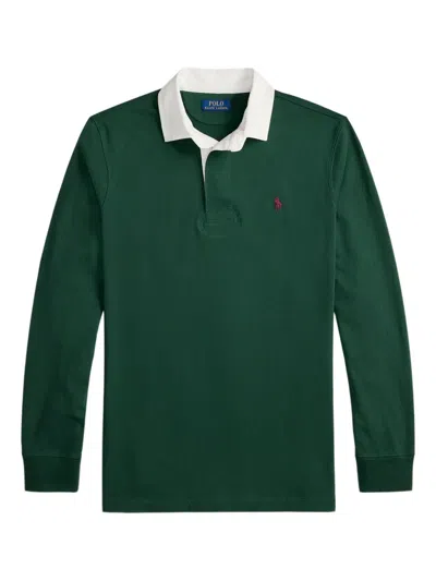 Polo Ralph Lauren 'rugby' Green Polo Shirt With Contrasting Collar And Pony Detail On The Front In Cotton Man