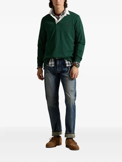 Polo Ralph Lauren 'rugby' Green Polo Shirt With Contrasting Collar And Pony Detail On The Front In Cotton Man