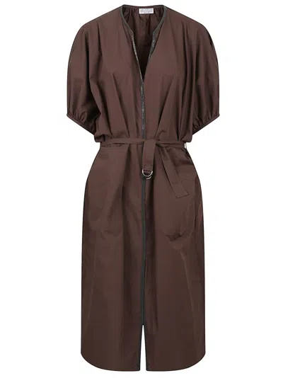 Brunello Cucinelli Balloon Sleeve Cotton Poplin Dress With Monili Embroidery