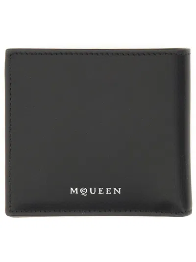 Alexander Mcqueen Calfskin Skull Bifold Card Holder In Black