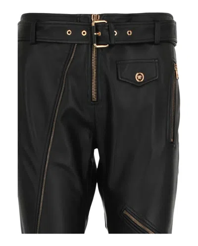 Versace Zipper Detailed Leather Pants In Black