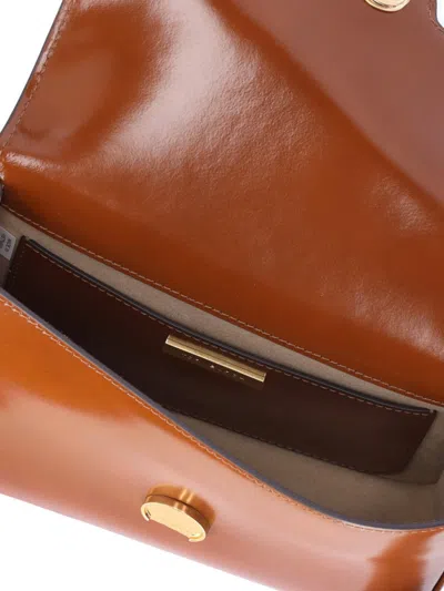 Tory Burch Glossy Brown Leather Shoulder Bag With Signature Emblem