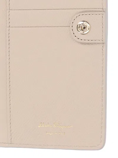 Ferragamo Gancini Wallet In Textured Cream Calfskin Leather