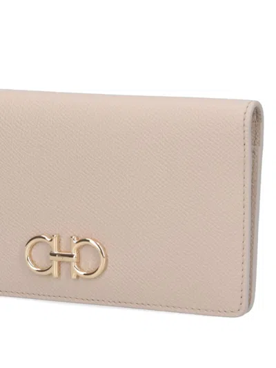 Ferragamo Gancini Wallet In Textured Cream Calfskin Leather