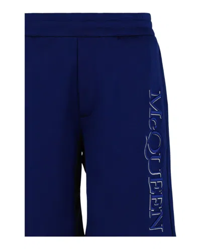 Alexander Mcqueen Men's Shorts With Embroidered Logo In Blue