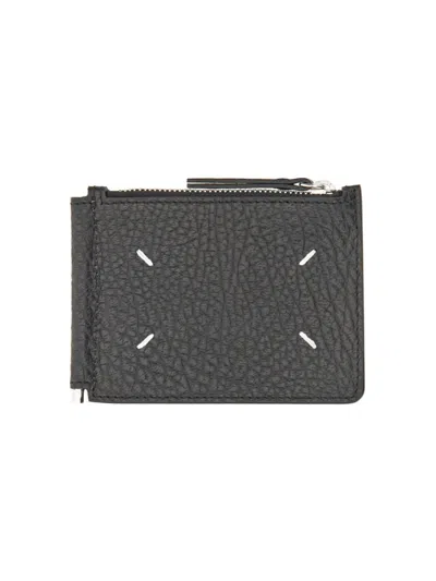 Maison Margiela Textured Black Leather Card Holder With Logo In Black