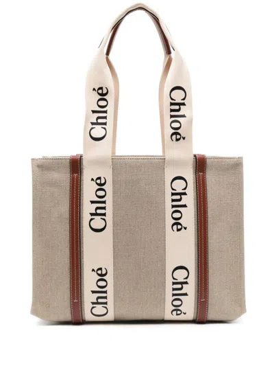 Chloé Structured Tote Bag With Leather And Linen Blend