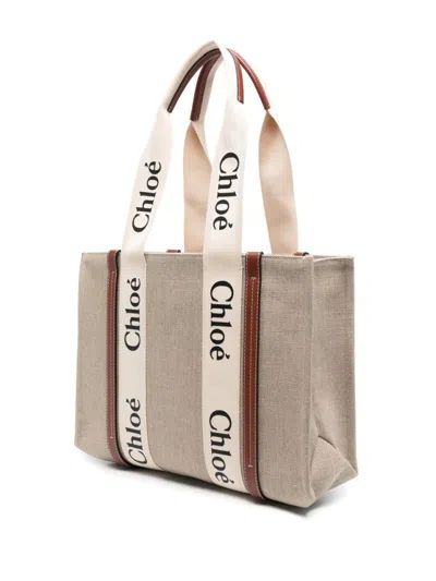 Chloé Structured Tote Bag With Leather And Linen Blend