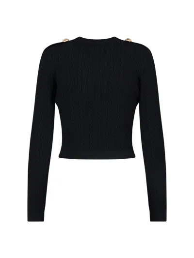 Balmain Structured Shoulder Black V-neck Cardigan With Decorative Buttons In Black