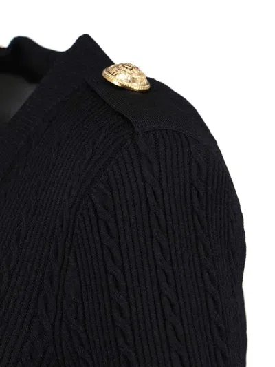 Balmain Structured Shoulder Black V-neck Cardigan With Decorative Buttons In Black