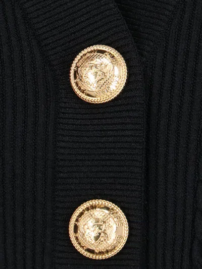 Balmain Structured Shoulder Black V-neck Cardigan With Decorative Buttons In Black