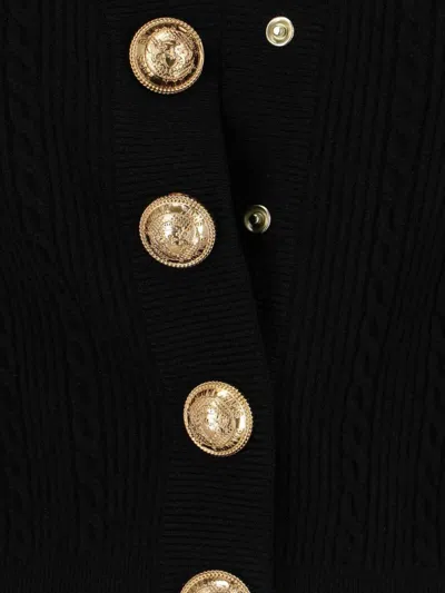 Balmain Structured Shoulder Black V-neck Cardigan With Decorative Buttons In Black