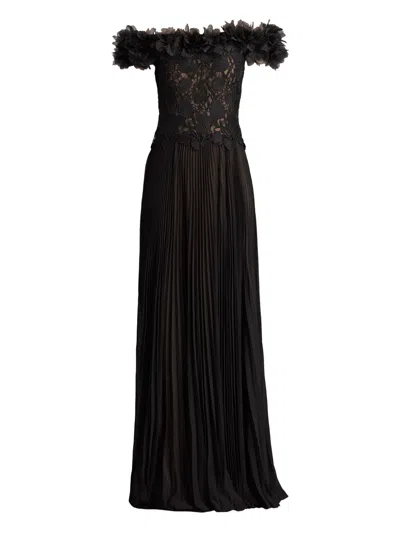 Tadashi Shoji Margaux Off-shoulder Floral Ruffle Trim Gown In Black