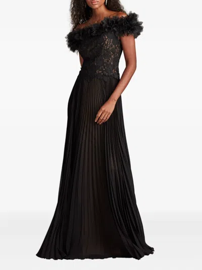 Tadashi Shoji Margaux Off-shoulder Floral Ruffle Trim Gown In Black
