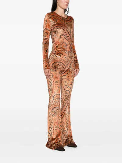 Etro Paisley-print Flared Viscose Trousers In Orange