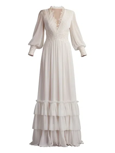 Tadashi Shoji Ruffle Pleated Long Sleeve Chiffon Gown In Gray