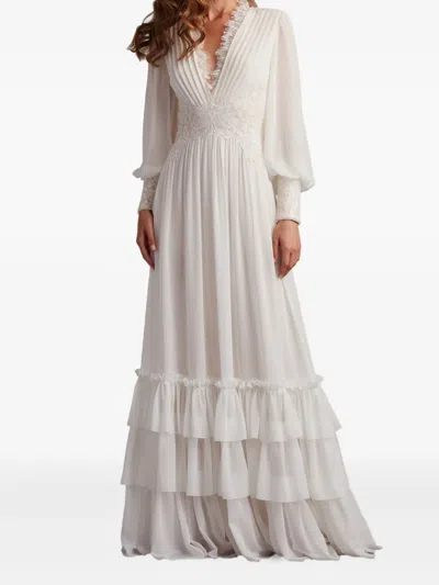 Tadashi Shoji Ruffle Pleated Long Sleeve Chiffon Gown In Gray