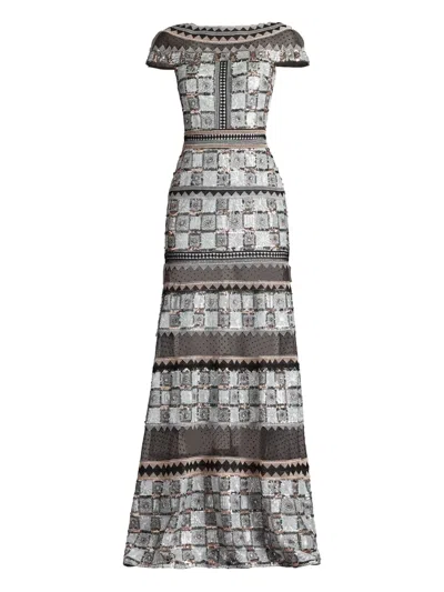 Tadashi Shoji Short Sleeve Semi-sheer Gown In Gray