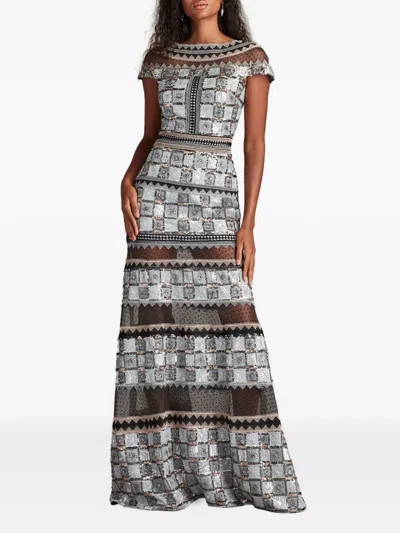 Tadashi Shoji Short Sleeve Semi-sheer Gown In Gray