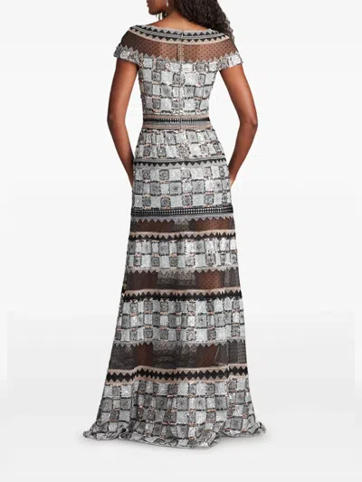 Tadashi Shoji Short Sleeve Semi-sheer Gown In Gray