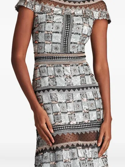 Tadashi Shoji Short Sleeve Semi-sheer Gown In Gray