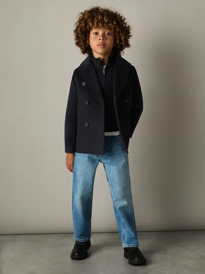 Reiss Navy Bergamo 9-13 Yrs Wool-blend Twill Double-breasted Coat