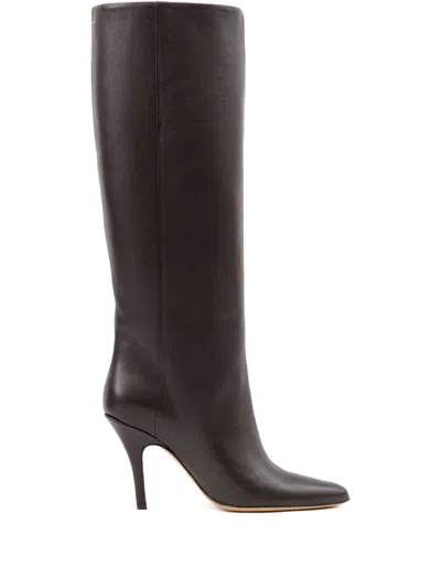 Mm6 Maison Margiela Mm6 By Maison Margiela Pointed Toe Knee-high Boot With White Stitch Detail In Black