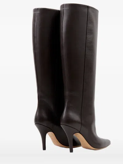 Mm6 Maison Margiela Mm6 By Maison Margiela Pointed Toe Knee-high Boot With White Stitch Detail In Black