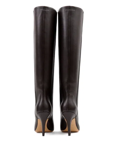 Mm6 Maison Margiela Mm6 By Maison Margiela Pointed Toe Knee-high Boot With White Stitch Detail In Black