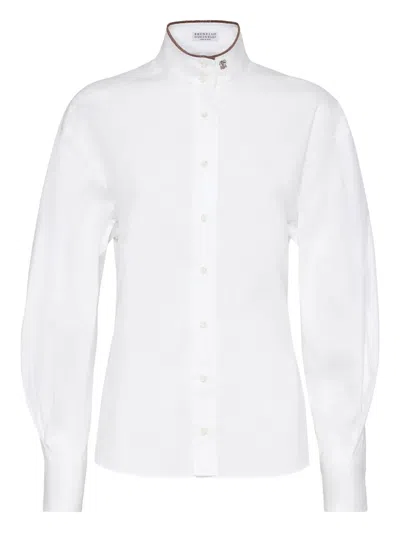 Brunello Cucinelli Stretch Cotton Poplin Shirt With Shiny Collar Detail Clothing In White