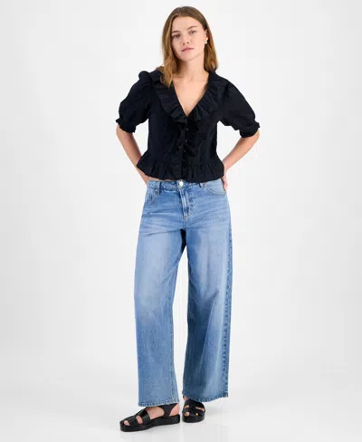 And Now This Petite Ruffled-front Clip-dot Cotton Top, Exclusively At Macy's In Black
