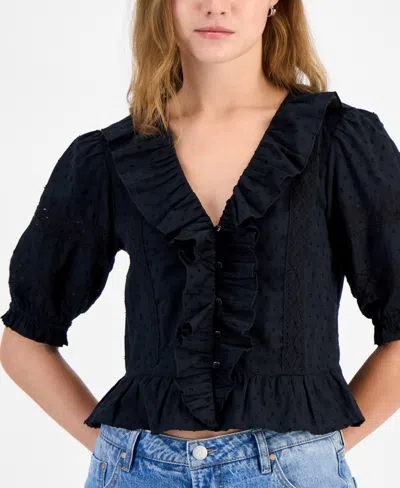And Now This Petite Ruffled-front Clip-dot Cotton Top, Exclusively At Macy's In Black
